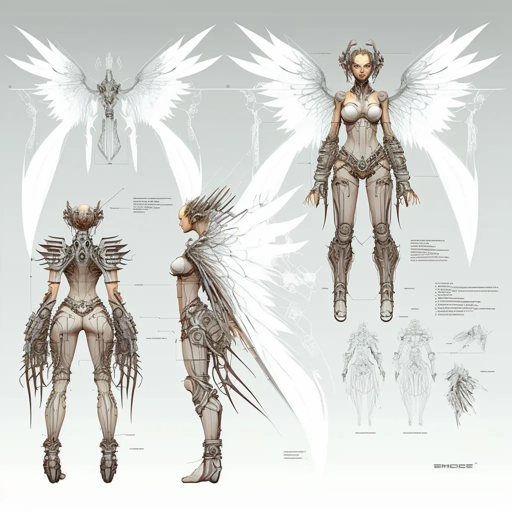 winged female cyborg character design, detailed features, concept design sheet, white background